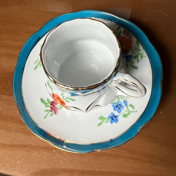 Limoges China White Floral Teacup & Saucer Gold Scroll England Blue Border Vtg - Picture 5 of 14